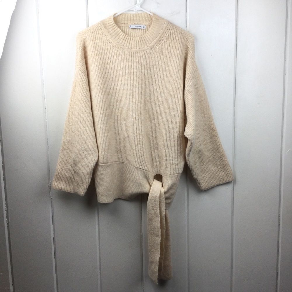 ‎Mango Cream Shaker Knit Sweater, Crew Neck, Tie Waist, Size Small